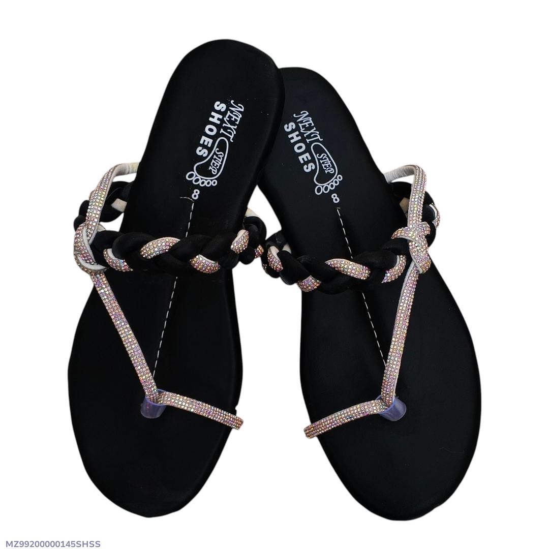 “GlamHivePK™ Black Satin Rhinestone Kolhapuri – Elegant Formal Women’s Chappal 💎 | Free Delivery 🚚”