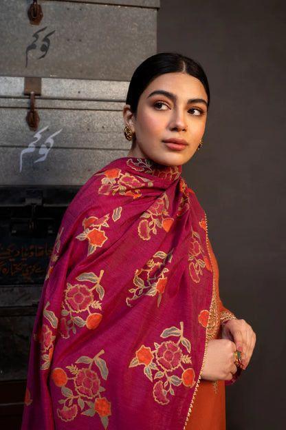 Luxury Dhanak Embroidered 3-Piece Winter Suit – Orange Glow with Wool Digital Dupatta