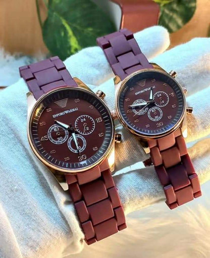 2 Pcs Unisex Stainless Steel Chronograph Couple Watches-Round Multicolor Design | Free Delivery