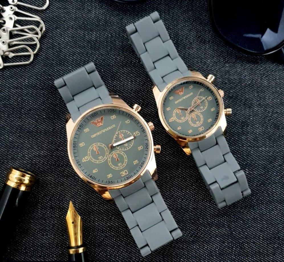 2 Pcs Unisex Stainless Steel Chronograph Couple Watches-Round Multicolor Design | Free Delivery