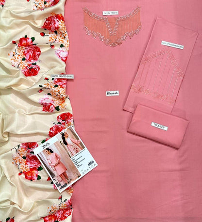 Premium Peach Dhanak Embroidered 3-Piece Winter Suit – Pashmina Digital Dupatta Elegance