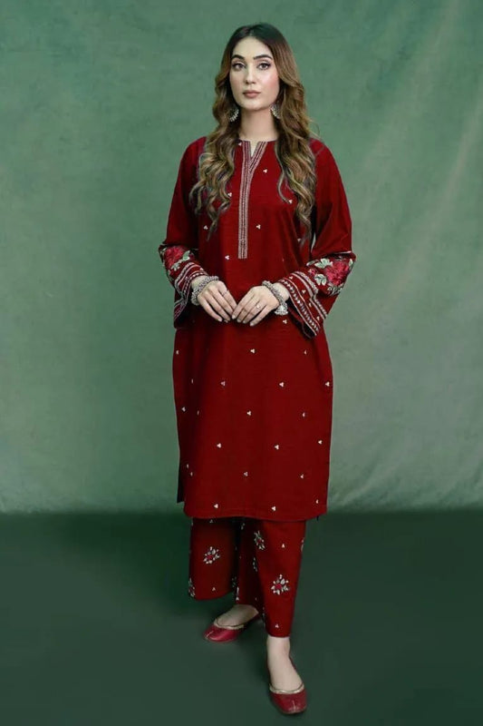 Maroon Dhanak Embroidered 2-Piece Winter Suit – Grace Meets Luxury