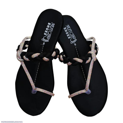 “GlamHivePK™ Black Satin Rhinestone Kolhapuri – Elegant Formal Women’s Chappal 💎 | Free Delivery 🚚”