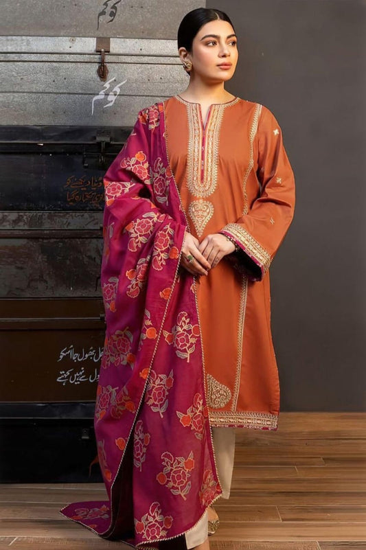 Luxury Dhanak Embroidered 3-Piece Winter Suit – Orange Glow with Wool Digital Dupatta